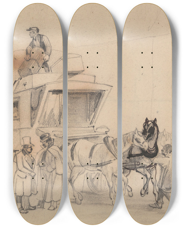 Triptych art skateboard deck of Gustave Adolphe Simonau The Coach by Gustave Adolphe Simonau (1810-1870)