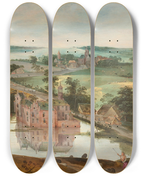 Triptych art skateboard deck of Jacob Grimmer Chteau Dans Un Paysage Avec Un Berger by Jacob Grimmer (1525-1590)