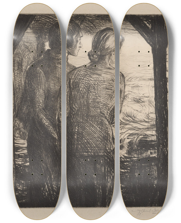 Triptych art skateboard deck of Albert Sterner Watchers by Albert Sterner (1863-1946)