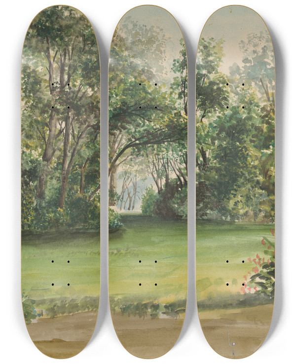 Triptych art skateboard deck of Ladislav Mednynszky Park In Strky by Ladislav Mednyanszky (1852-1919)