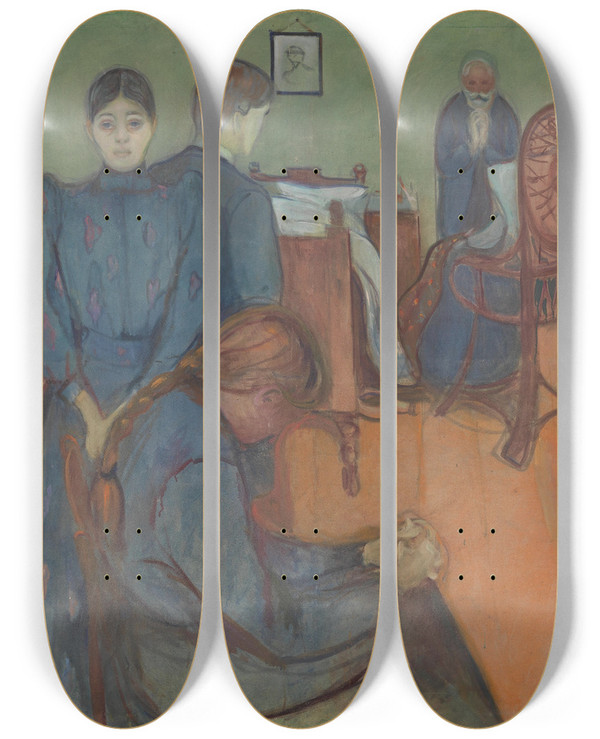 Triptych art skateboard deck of Edvard Munch Death In The Sickroom_1 by Edvard Munch (1863-1944)