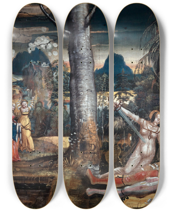 Triptych art skateboard deck of Niklaus Manuel Pyramus And Thisbe by Niklaus Manuel (1484-1530)