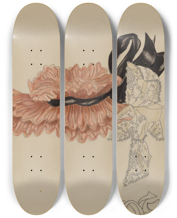 Triptych art skateboard deck of American 20Th Century Childs Bonnet by American 20Th Century