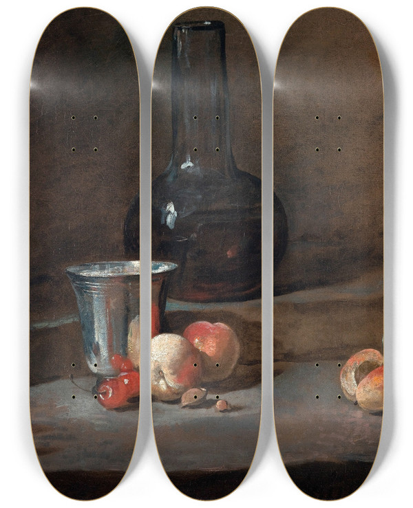 Triptych art skateboard deck of Jean Simon Chardin The Silver Goblet by Jean Simeon Chardin (1699-1779)
