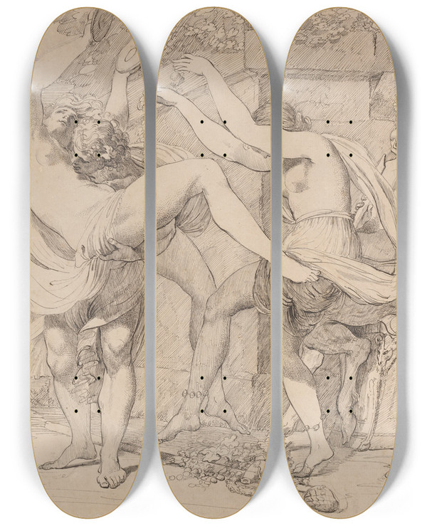 Triptych art skateboard deck of John Hamilton Mortimer Bacchanal by John Hamilton Mortimer (1740-1779)