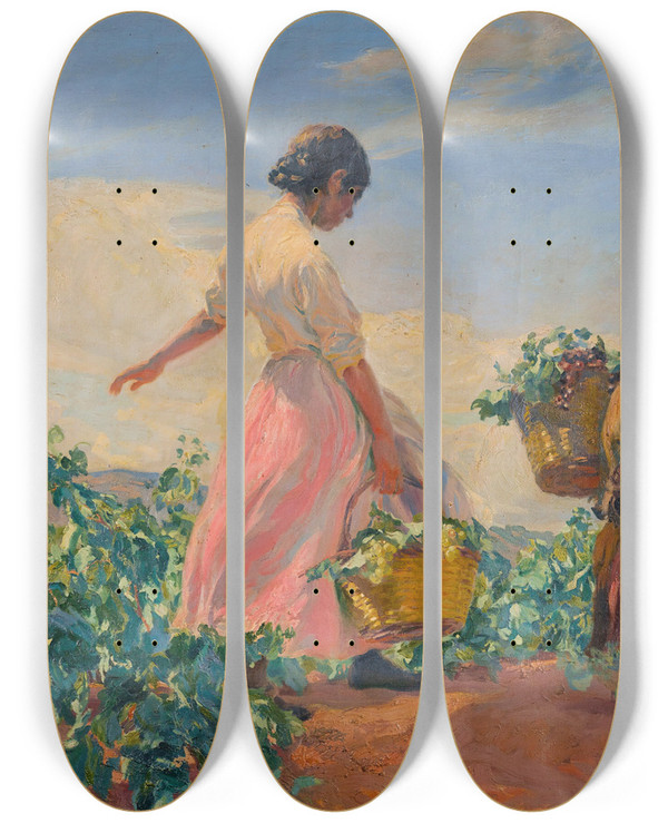 Triptych art skateboard deck of Jos Mongrell La Vendimia The Grape Harvest by Jose Mongrell (1870-1937)
