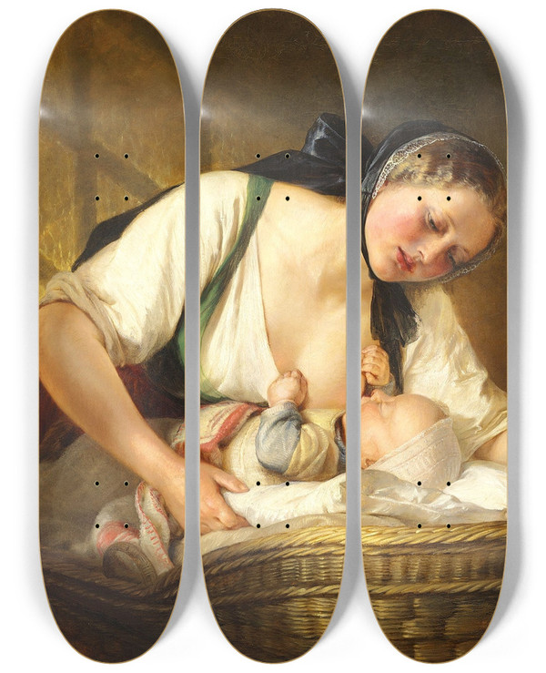 Triptych art skateboard deck of Elisabeth Jerichau Baumann En Moder Med Sit Barn by Elisabeth Jerichau Baumann (1819-1881)
