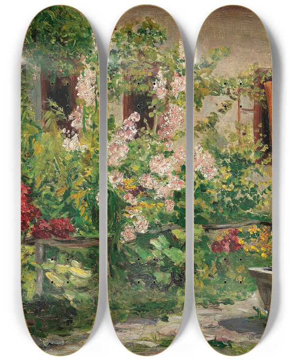 Triptych art skateboard deck of Marie Egner Front Garden With Blossoming Hollyhocks by Marie Egner (1850-1940)