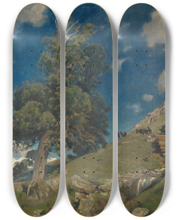 Triptych art skateboard deck of Eugen Bracht Monte Rosa Und Arven by Eugen Bracht (1842-1921)