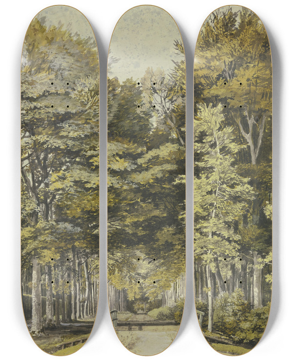Triptych art skateboard deck of Martinus Van Der Jagt Weg Durch Einen Buchenwald Vorne Eine Hlzerne Brcke by Martinus van der Jagt (1747-1805)