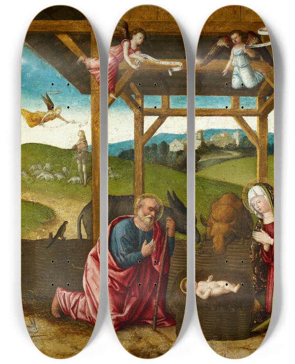 Triptych art skateboard deck of Francesco Di Simone Da Santacroce The Nativity by Francesco Di Simone Da Santacroce (1470-1508)