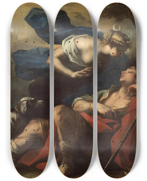 Triptych art skateboard deck of Luca Giordano Diana And Endymion by Luca Giordano (1634-1705)