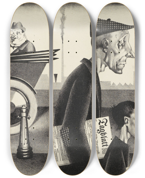 Triptych art skateboard deck of Georg Scholz Zeitungstrger by Georg Scholz (1890-1945)