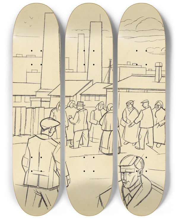 Triptych art skateboard deck of Karl Wiener Ohne Titel Menschen Vor Einer Fabrik by Karl Wiener (1901-1949)