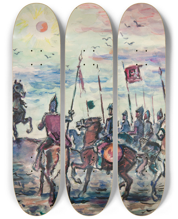 Triptych art skateboard deck of Ivan Ivanec Oddzia Jazdy W Strojach Historycznych by Ivan Ivanec (1893-1946)