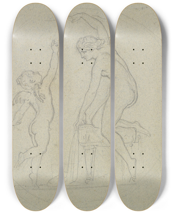 Triptych art skateboard deck of Moritz Von Schwind Eros Und Aphrodite by Moritz Von Schwind (1804-1871)