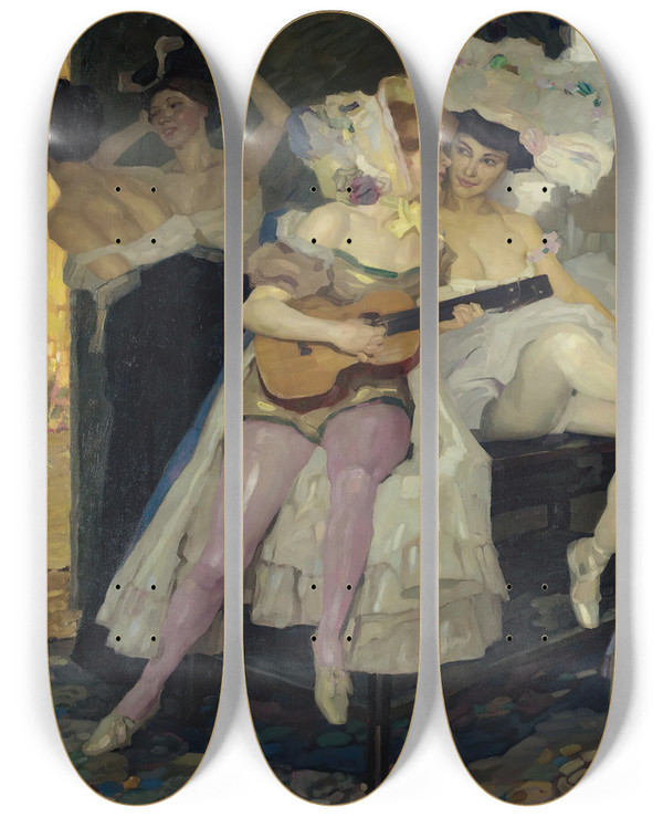 Triptych art skateboard deck of Leo Putz Hinter Den Kulissen Behind The Scenes by Leo Putz (1869-1940)