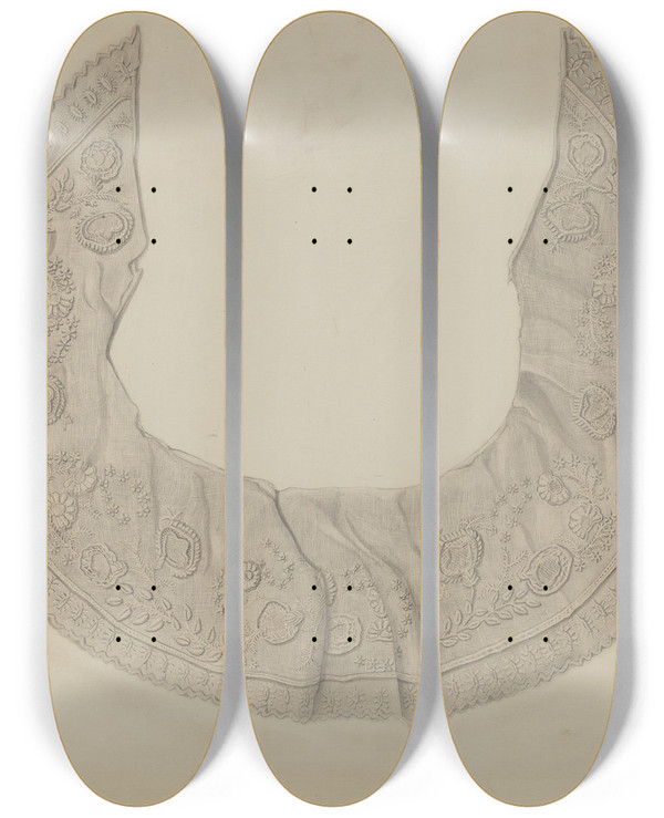 Triptych art skateboard deck of Thomas Oconnor Embroidered Lace Collar by Thomas Oconnor