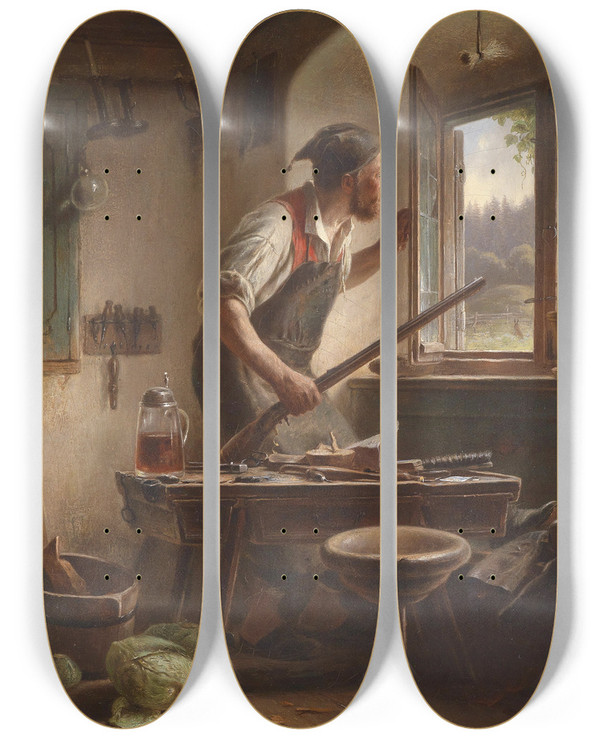 Triptych art skateboard deck of Karl Von Enhuber Der Wachsame Schuster by Karl Von Enhuber (1811-1867)