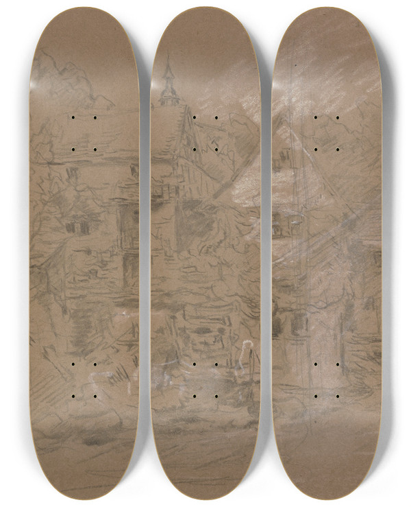 Triptych art skateboard deck of Anton Burger Courtyard With Entrance by Anton Burger (1824-1905)