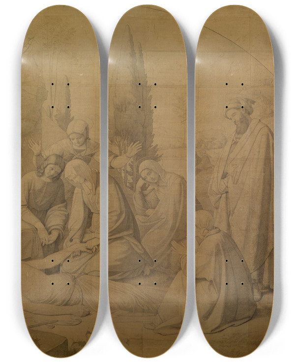Triptych art skateboard deck of Friedrich Overbeck Beweinung Christi by Friedrich Overbeck