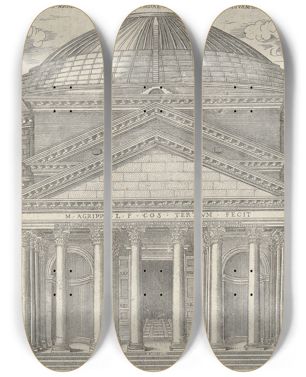 Triptych art skateboard deck of Ambrogio Brambilla Pantheum Romanum Nunc Mariae Cognomento_1 by Ambrogio Brambilla