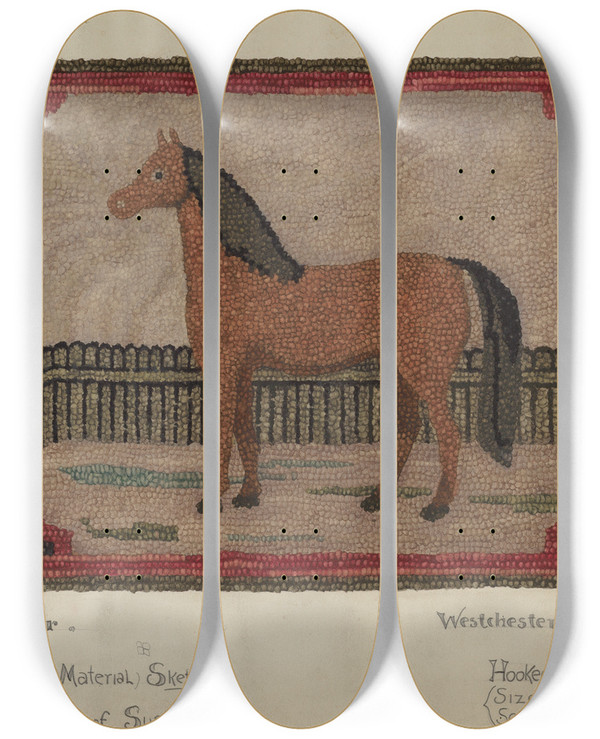 Triptych art skateboard deck of Joseph Glover Hooked Rug With Horse by Joseph Glover