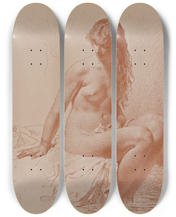 Triptych art skateboard deck of Mihly Zichy Nude Print_6 by Mihaly Zichy (1827-1906)