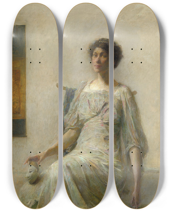 Triptych art skateboard deck of Thomas Wilmer Dewing Lady With A Mask by Thomas Wilmer Dewing (1851-1938)