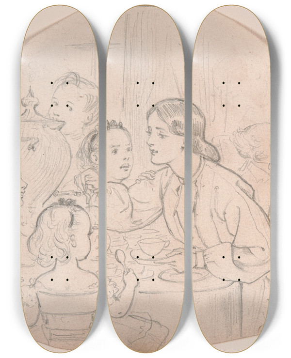 Triptych art skateboard deck of Adelaide Claxton Pouring Tea by Adelaide Claxton (1841-1927)
