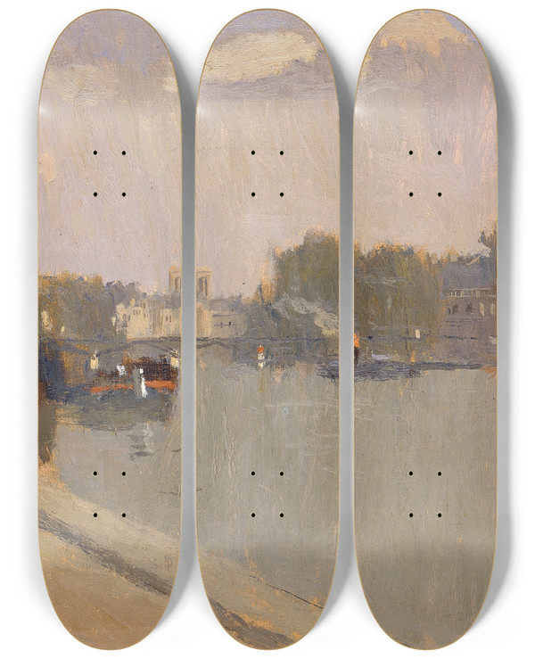 Triptych art skateboard deck of Frank Edwin Scott The Seine At Paris Linstitute by Frank Edwin Scott (1863-1929)
