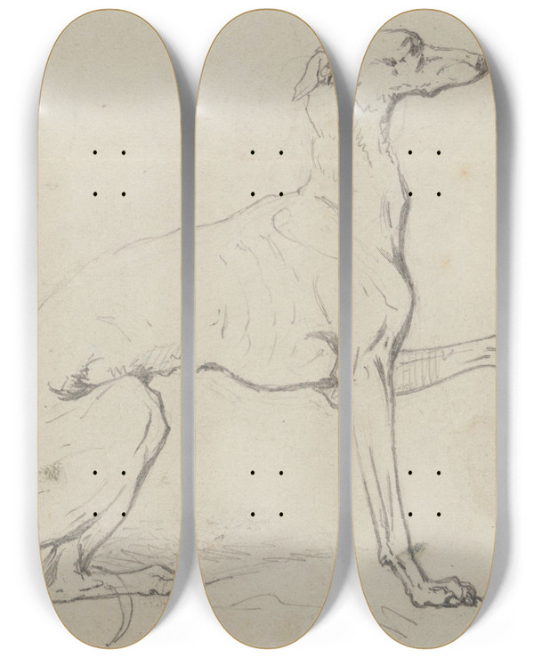 Triptych art skateboard deck of Nicaise De Keyser Greyhound by Nicaise De Keyser (1813-1887)