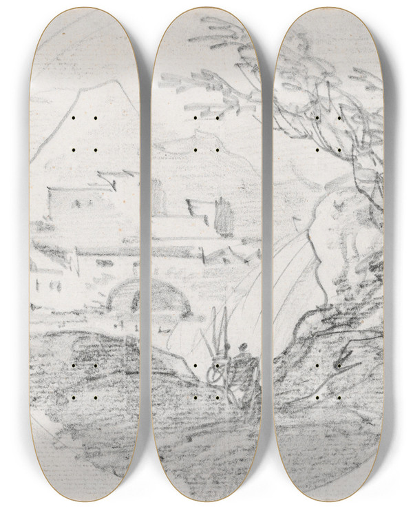 Triptych art skateboard deck of Hubert Robert View From A Ridge To A Village And Distant Mountain by Hubert Robert (1733-1808)