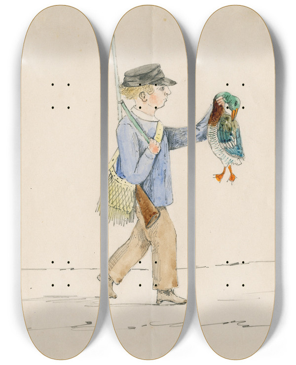 Triptych art skateboard deck of Floris Verster Hunter With Killed Duck by Floris Verster (1861-1927)