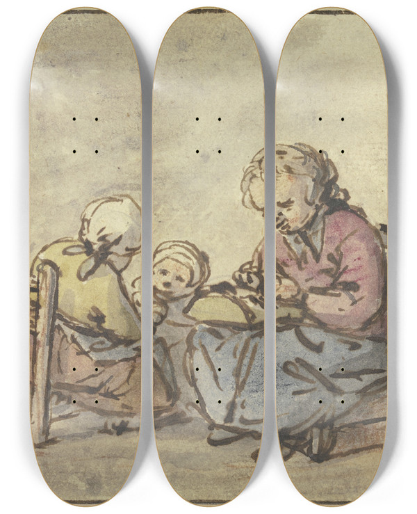 Triptych art skateboard deck of Adriaen Van Ostade Drei Mdchen Das Lteste Beim Spitzenklppeln by Adriaen Van Ostade (1610-1684)