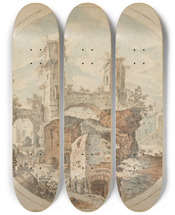 Triptych art skateboard deck of Pieter Stevens Travellers Among Roman Ruins_2 by Pieter Stevens (1567-1624)