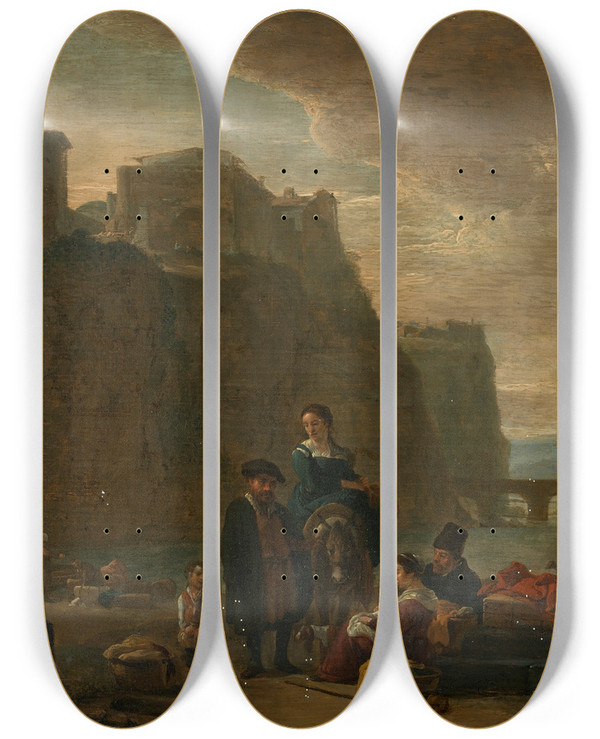 Triptych art skateboard deck of Thomas Wijck Peasants On An Italianate Shoreline by Thomas Wijck (1616-1677)