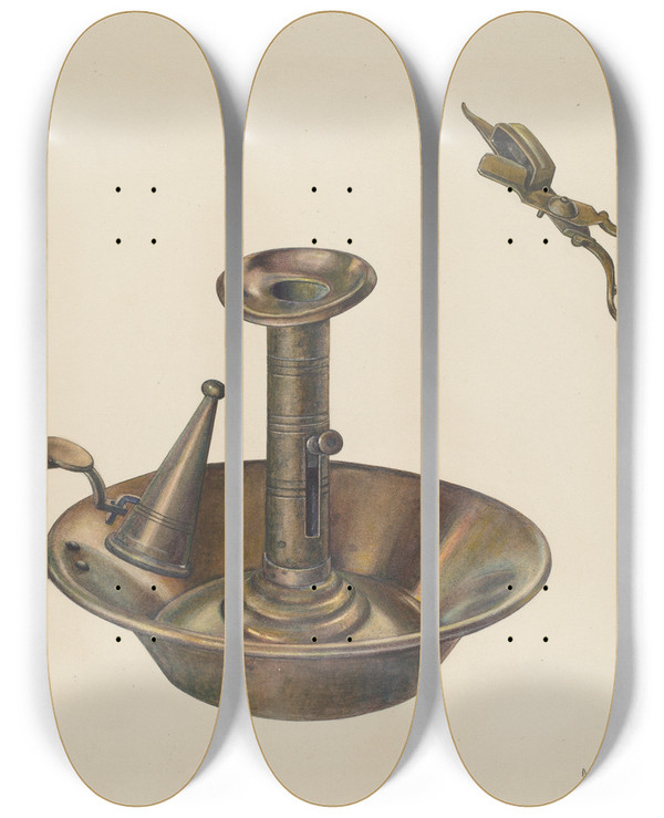 Triptych art skateboard deck of Milton Bevier Candlestick by Milton Bevier