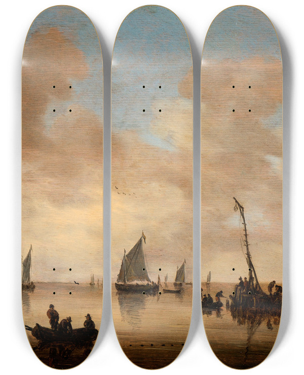 Triptych art skateboard deck of Jeronymus Van Diest Quiet Lake by Jeronymus Van Diest (1631-1677)