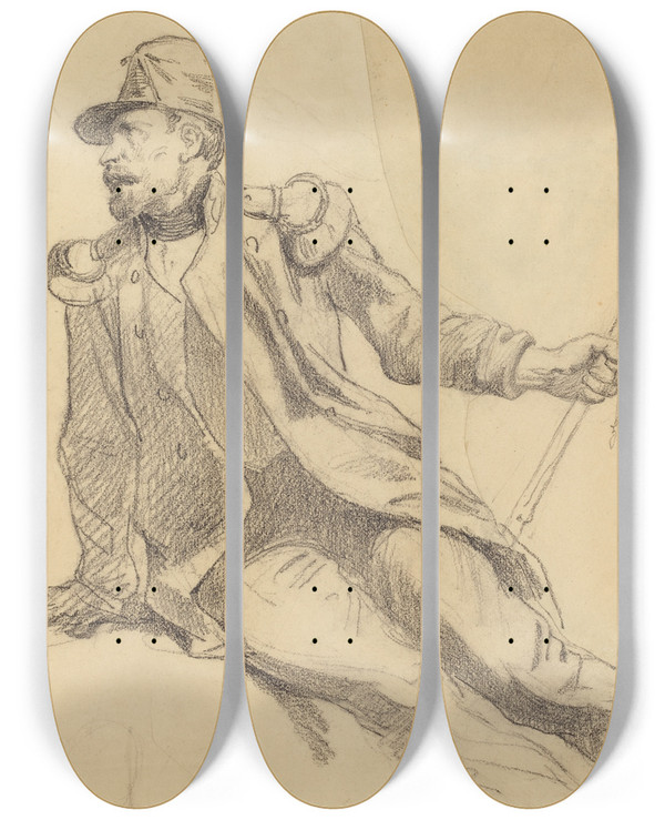 Triptych art skateboard deck of Hippolyte Bellang A Seated Soldier by Hippolyte Bellange (1800-1866)