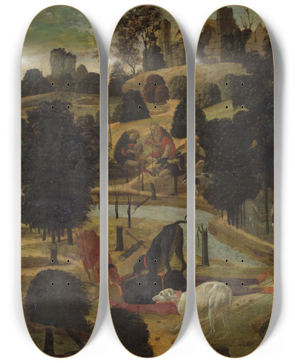 Triptych art skateboard deck of Jacopo Del Sellaio The Death Ofactaeon by Jacopo del Sellaio (1441-1493)
