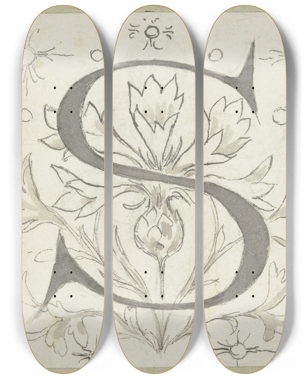 Triptych art skateboard deck of Wilhelm Steinhausen Initial S by Wilhelm Steinhausen (1846-1924)
