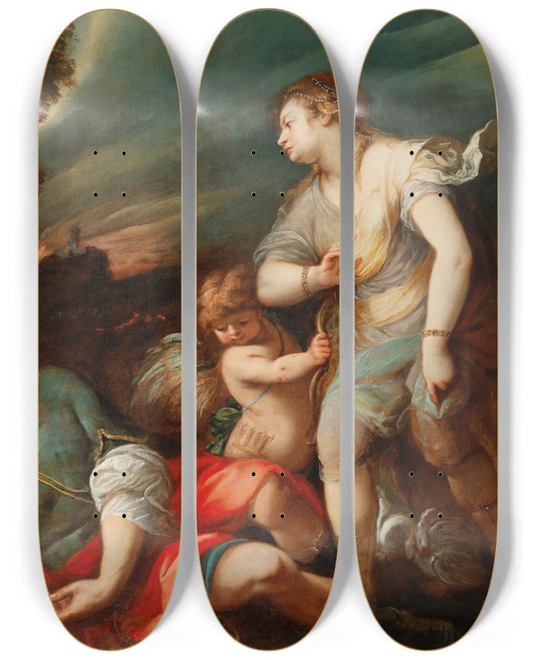 Triptych art skateboard deck of Giuseppe Nuvolone Armida And The Sleeping Rinaldo by Giuseppe Nuvolone (1619-1703)