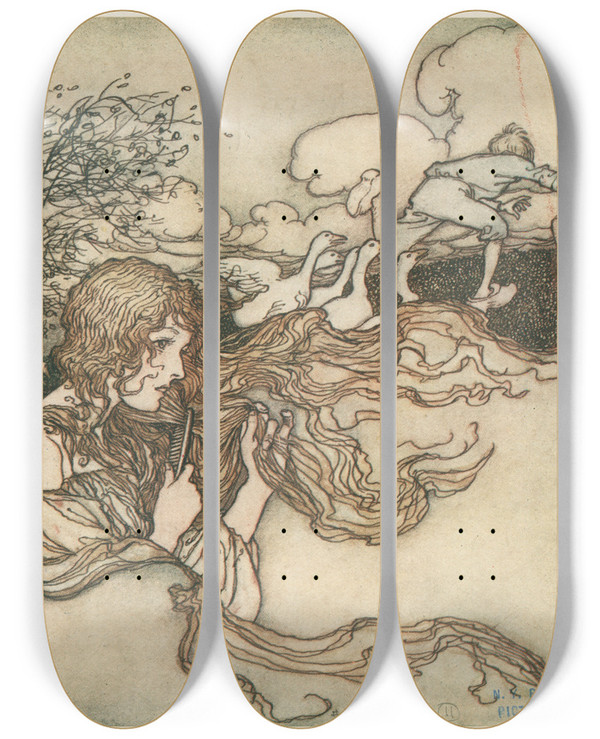 Triptych art skateboard deck of Arthur Rackham Blow Blow Little Breeze And Conrads Hat Seize by Arthur Rackham (1867-1939)