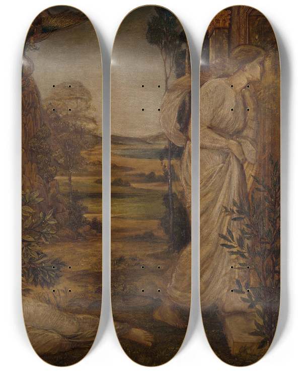 Triptych art skateboard deck of Sir Edward Coley Burnejones Zephyrus Bearing Psyche To The Mountain_1 by Sir Edward Coley Burne-Jones (1833-1898)