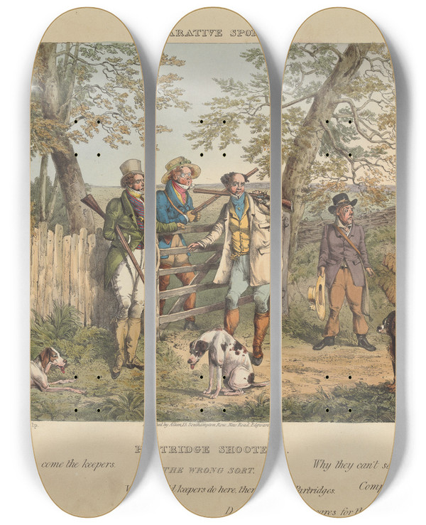 Triptych art skateboard deck of Henry Thomas Alken Partridge Shooters_2 by Henry Thomas Alken (1785-1851)