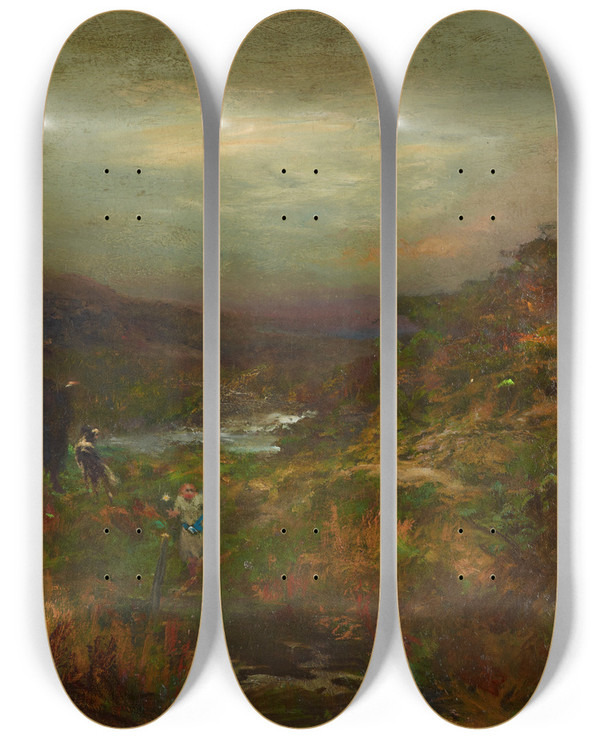 Triptych art skateboard deck of Petrus Van Der Velden Landscape With Figures_2 by Petrus van der Velden (1837-1915)