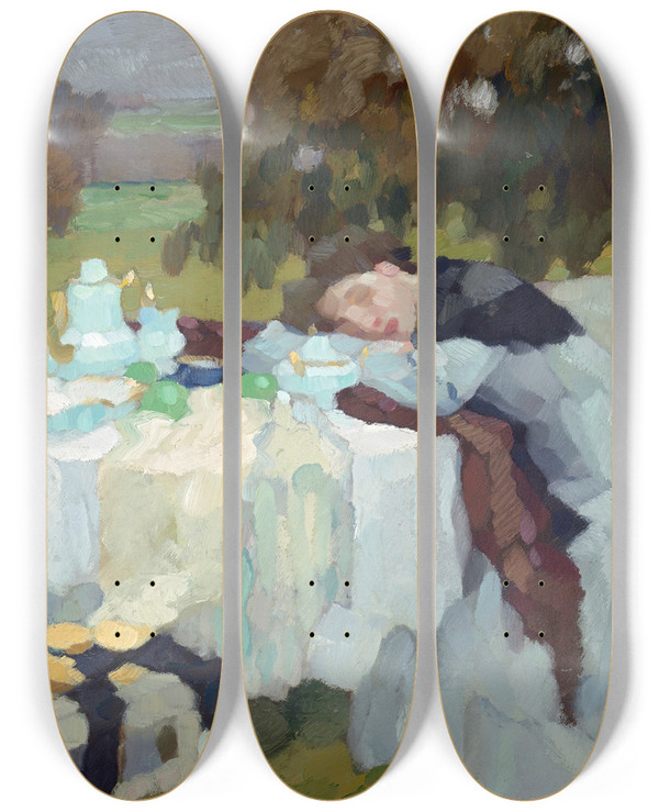 Triptych art skateboard deck of Leo Putz Late Autumn by Leo Putz (1869-1940)