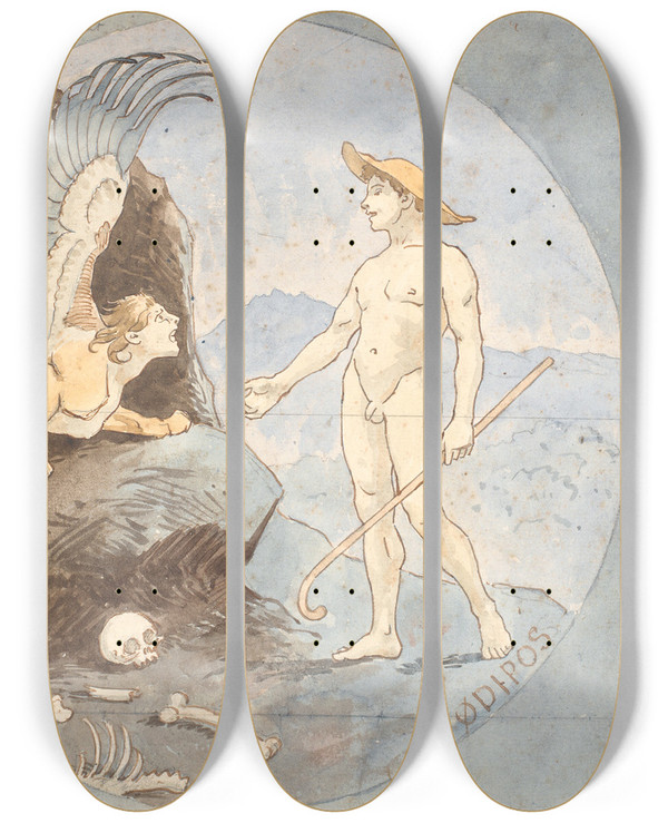 Triptych art skateboard deck of Niels Skovgaard Oedipus And The Sphinx by Niels Skovgaard (1858-1938)