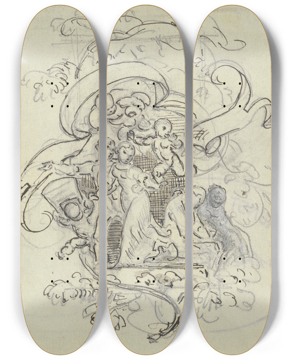 Triptych art skateboard deck of Anton Burger Vignette by Anton Burger (1824-1905)